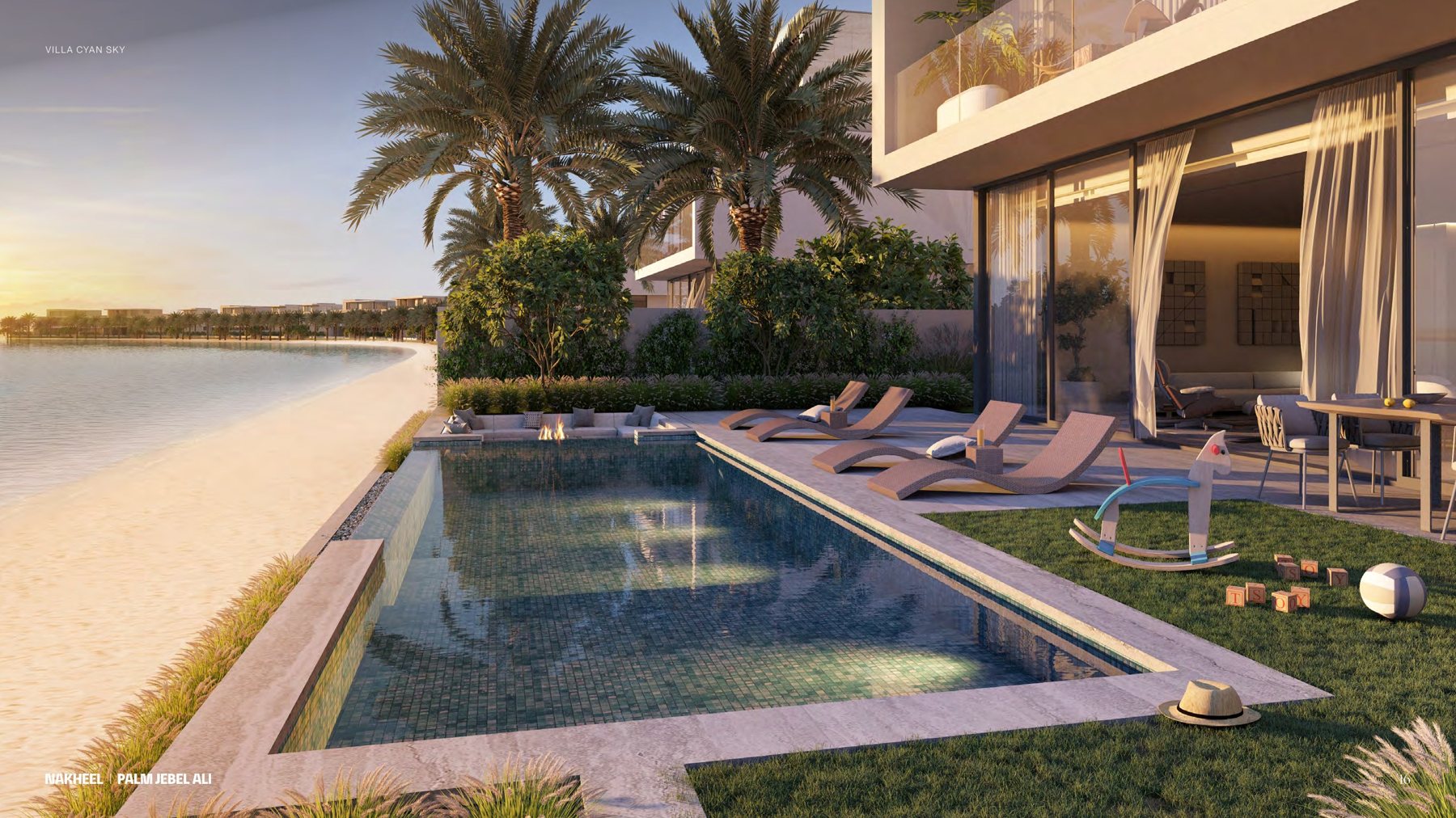 Private pool terrace and beach frontage at Palm Jebel Ali Frond F