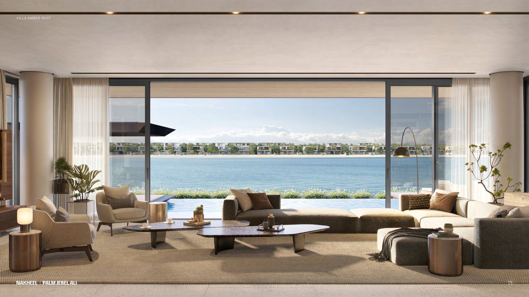 Oceanfront living room of a Palm Jebel Ali coral mansion