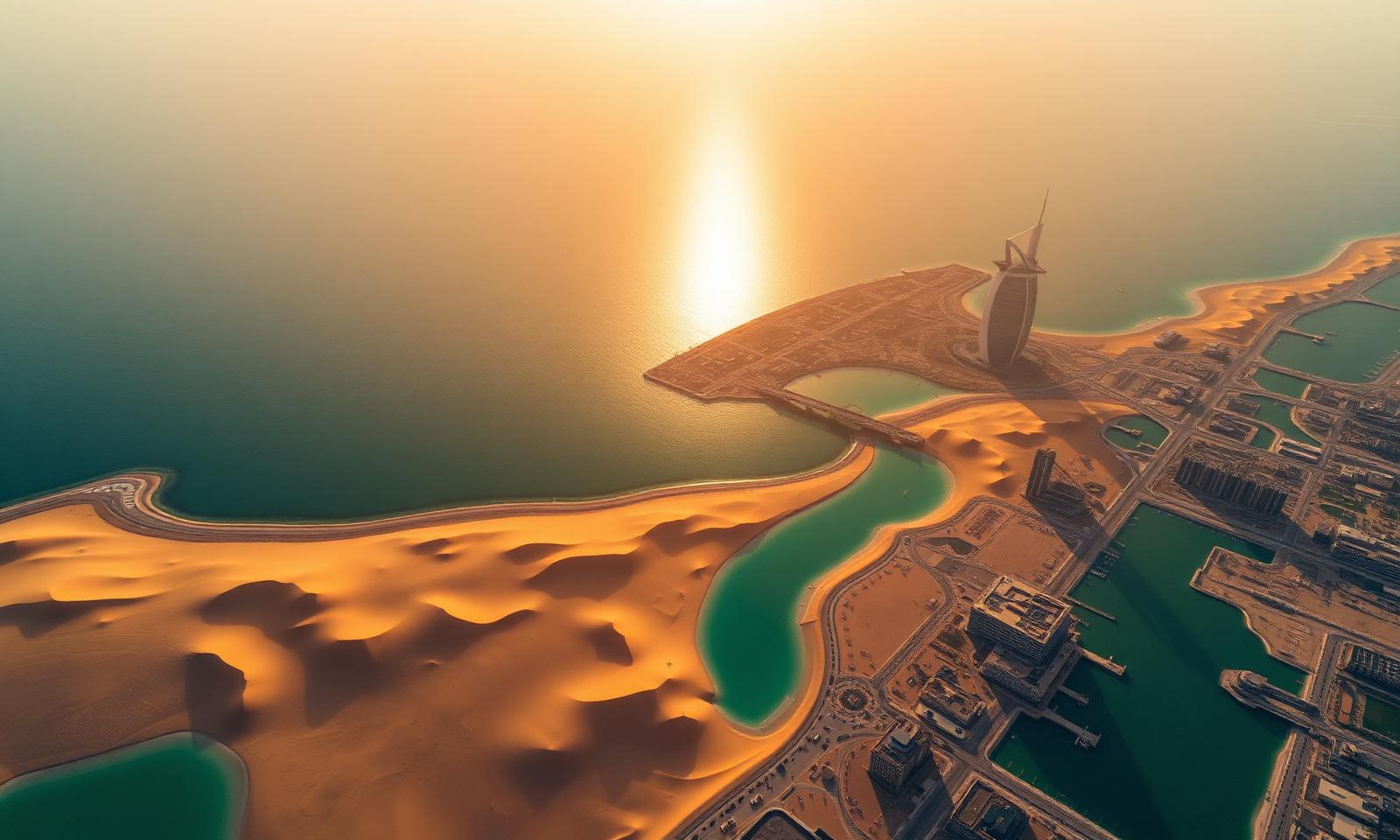 Aerial view of the UAE coastline where the desert meets the Arabian Gulf beside the Dubai skyline