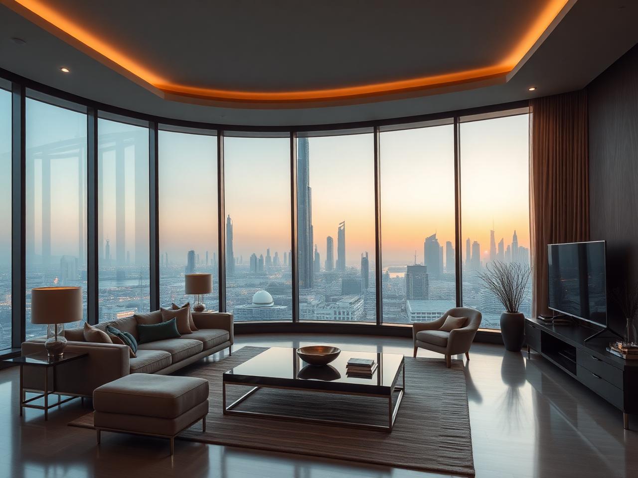 Luxury Dubai penthouse living room with floor-to-ceiling windows over the Burj Khalifa skyline
