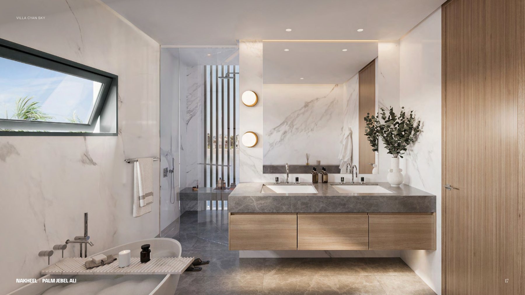 Marble principal bathroom in a Palm Jebel Ali beach villa