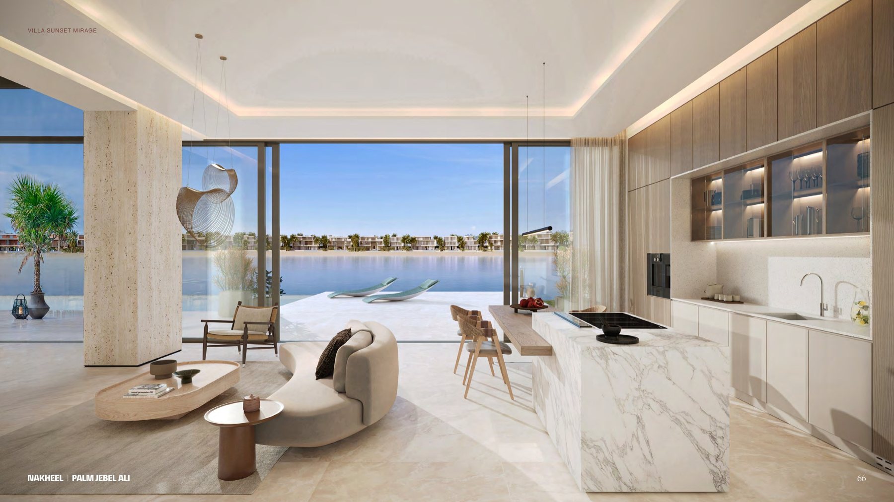 Kitchen and breakfast island with Gulf views, Palm Jebel Ali coral villa