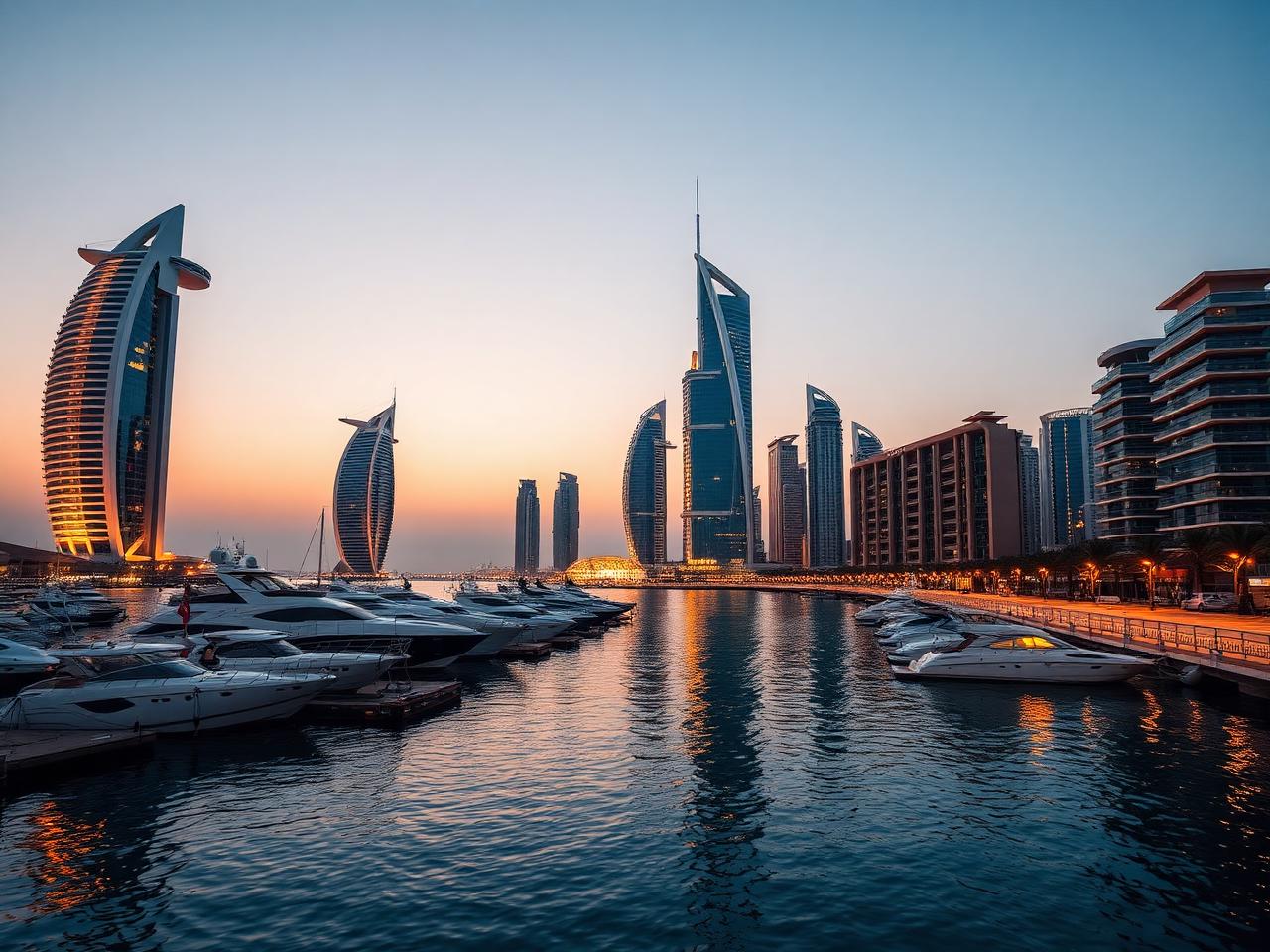 Dubai Marina waterfront at dusk with yachts and illuminated residential towers