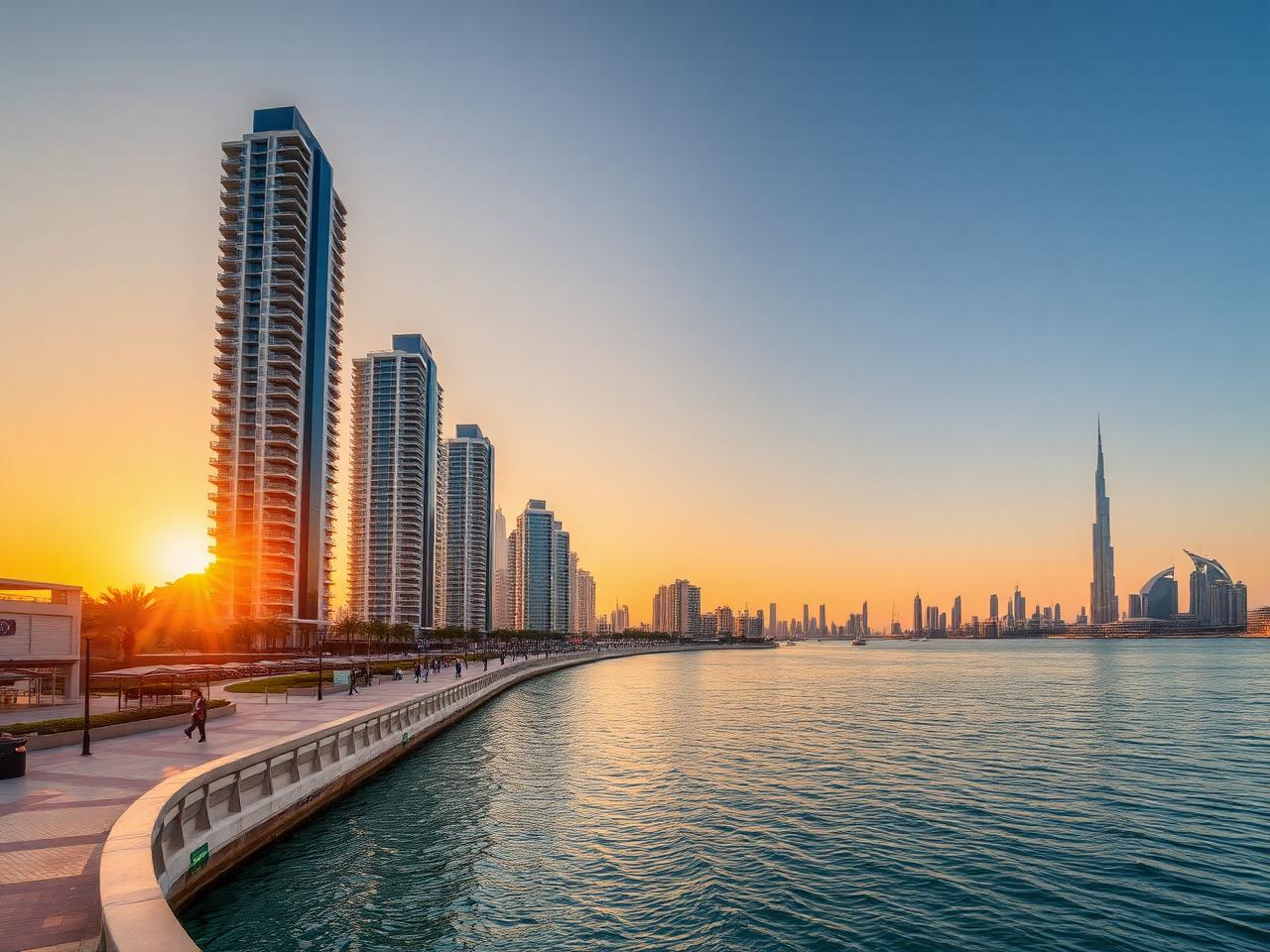 Dubai Creek Harbour waterfront promenade at sunset with the Dubai skyline behind