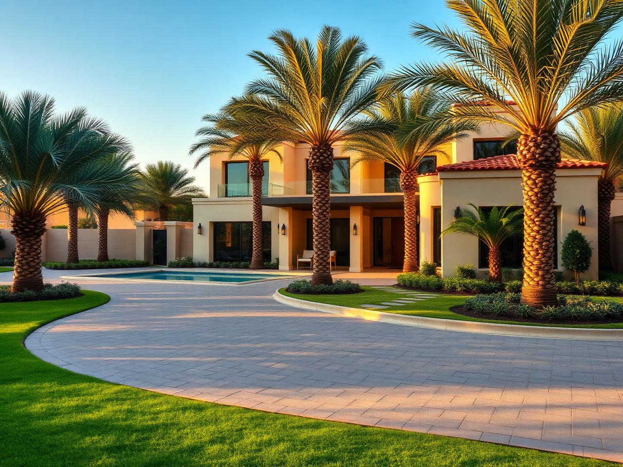 Luxury Emaar-style villa with pool and palm-lined driveway in a gated Dubai golf community