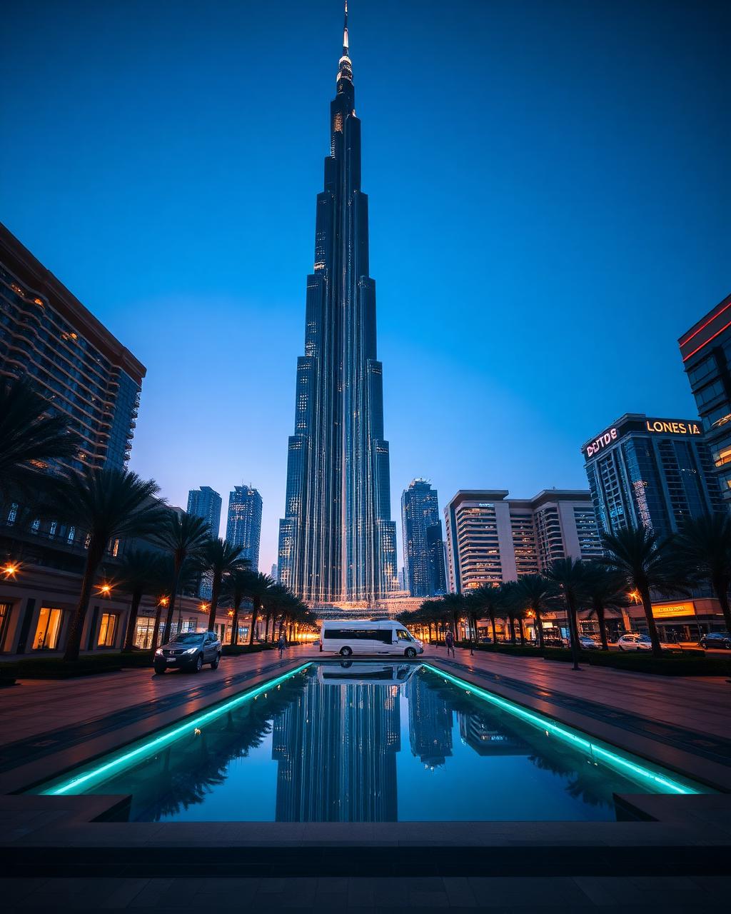 Burj Khalifa, built by Emaar Properties, lit at blue hour in Downtown Dubai