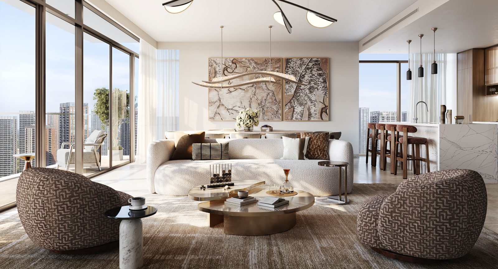 Valia apartment living room interior with designer furniture and creek views